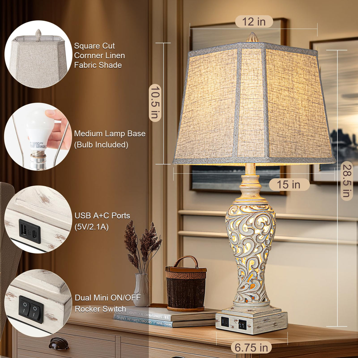 LuxSight Collection 28.5-inch lamps with linen shades for cozy living spaces.