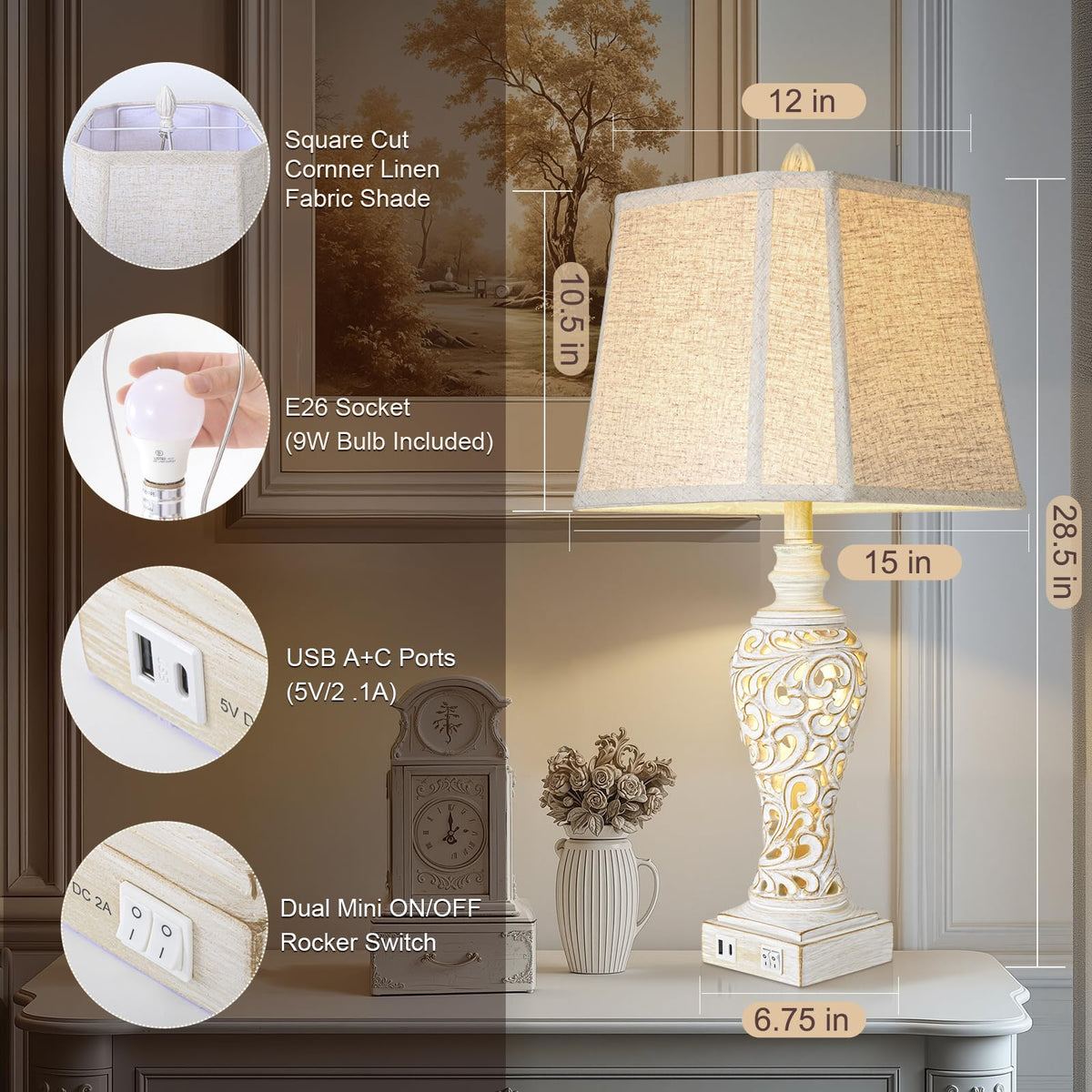 LuxSight Collection leaf-carving design adds farmhouse charm to any room.