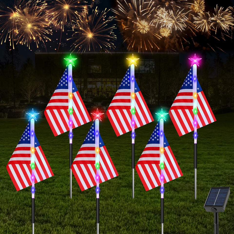 Luxspire 4th of July flag light illuminates yard with festive red, white and blue glow