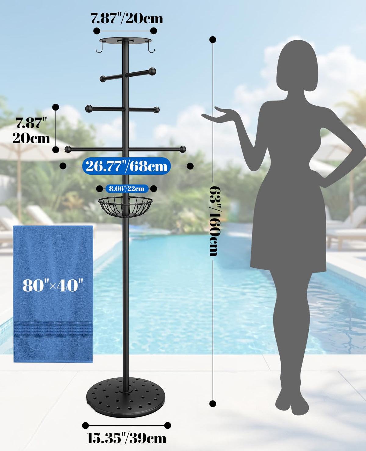 Luxspire pool towel rack top tray with hooks for small items.