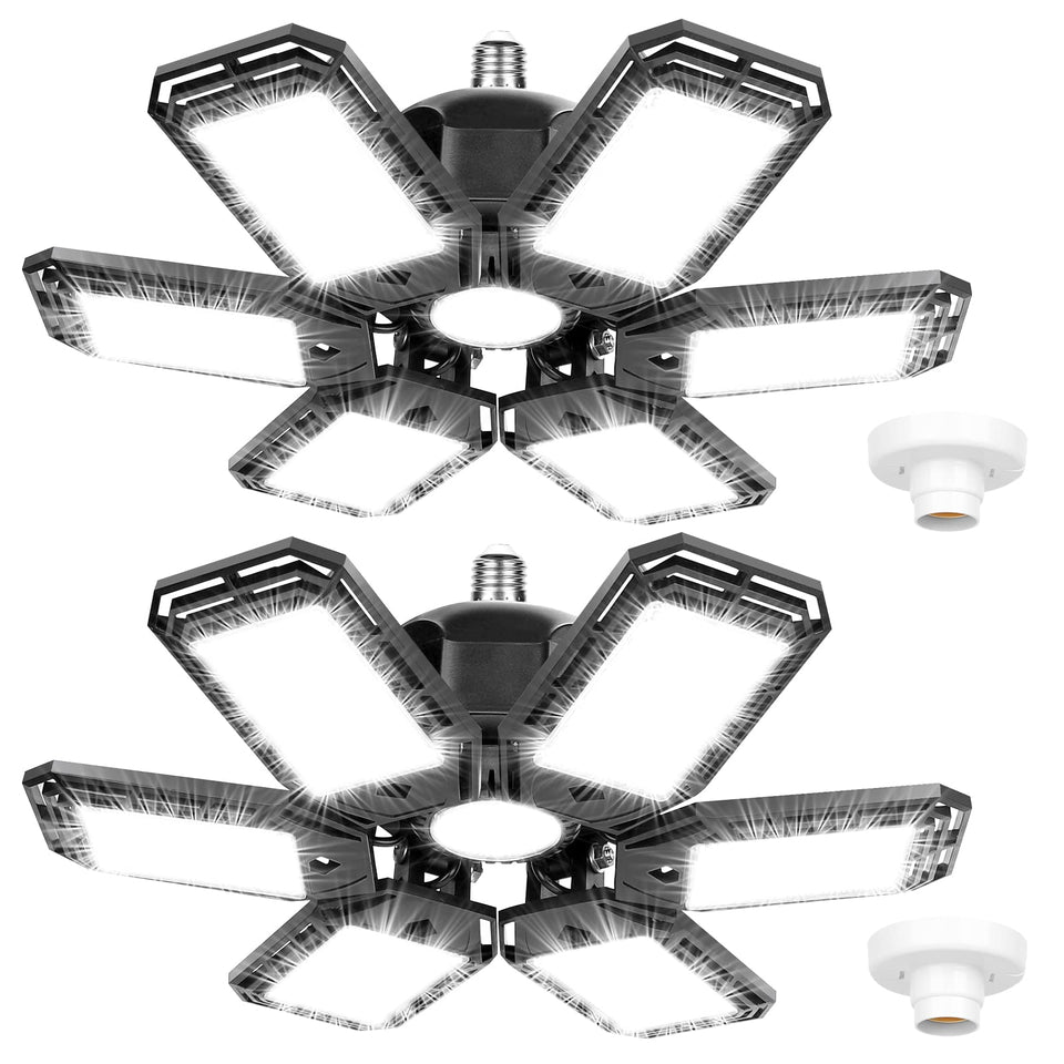 Luyata 2-pack LED garage lights with deformable panels for flexible illumination.