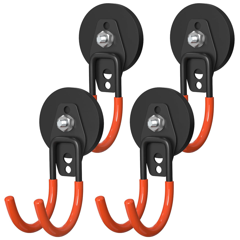 Lvoess heavy-duty magnet hook in orange on a surface shows versatile garage organization.