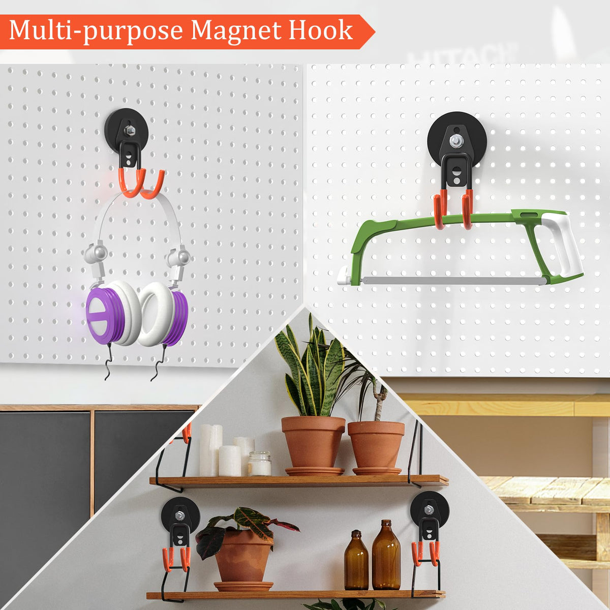 Lvoess magnet on metal surface illustrating sturdy hold for garden tools.