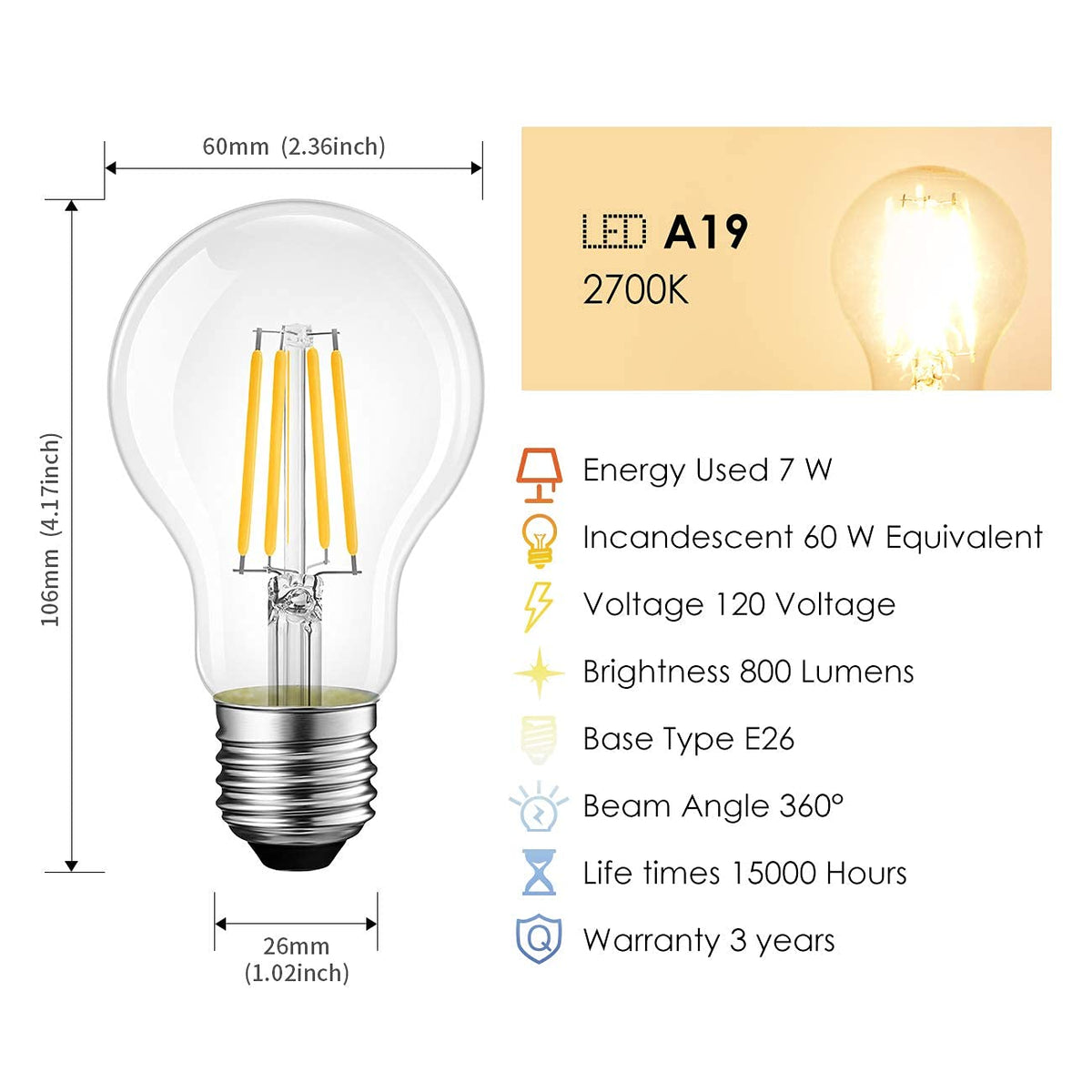 LVWIT A19 LED Filament Bulb delivers 800 lumens of soft, bright light.
