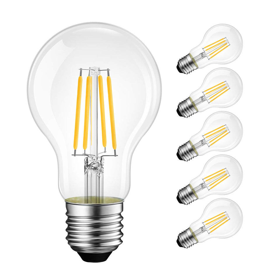 LVWIT A19 vintage Edison LED filament bulb with E26 base; energy-saving, warm ambient lighting.