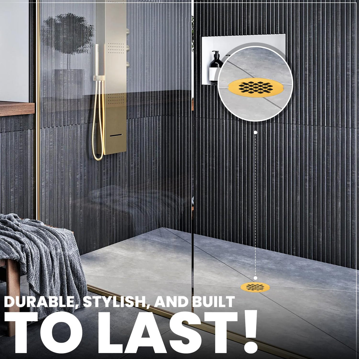 LXLOTUS round shower drain strainer prevents hair clogs while looking sleek.