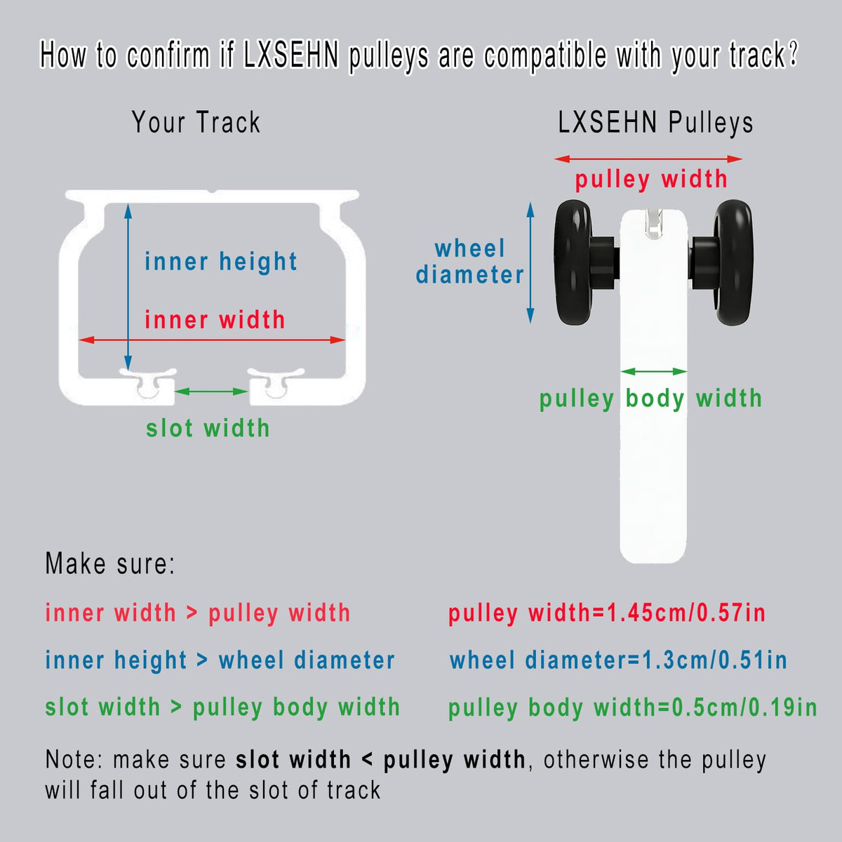LXSEHN pulley installed in track; easy installation with smooth glide.