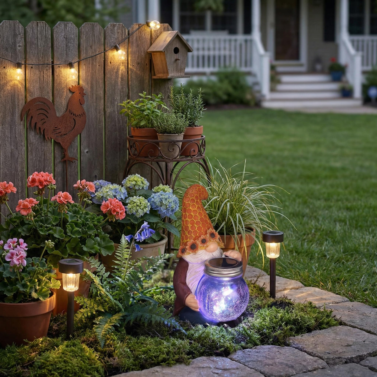 Lyeasw garden-edge display featuring a cute gnome centerpiece.