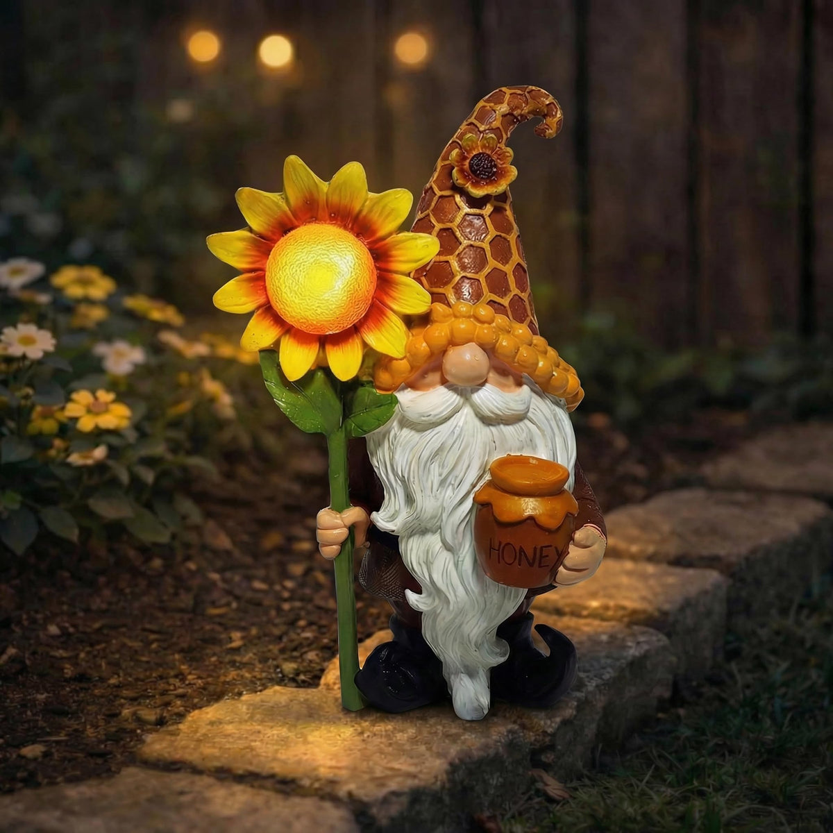 Lyeasw solar garden gnome with sunflower light for warm night glow.