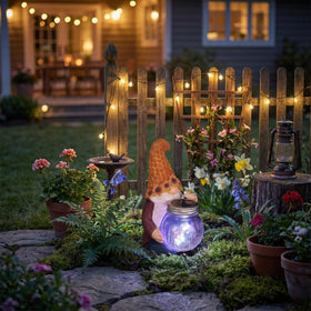 Lyeasw sunflower-gnome statue brightens any garden or yard.