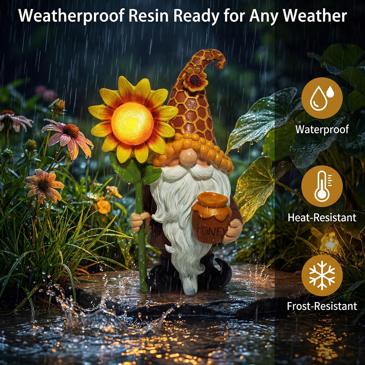Lyeasw whimsical sunflower gnome adds playful focal point to garden.