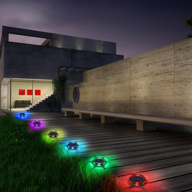 LYHOPE solar deck light RGB mode at night creates vibrant walkway accents