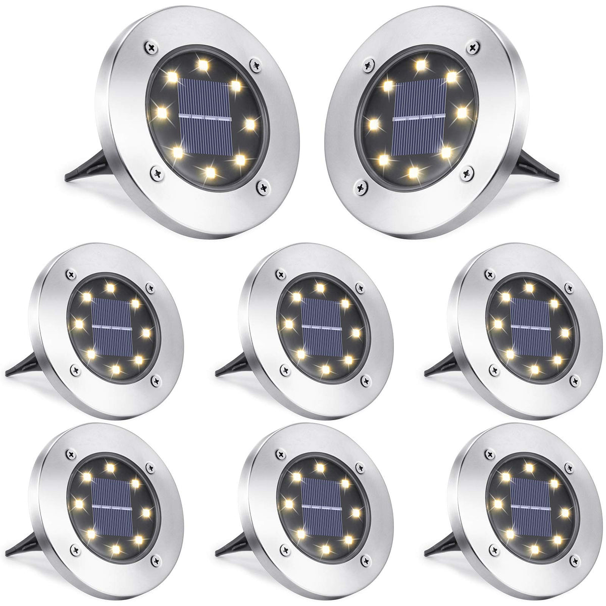 LYHOPE solar ground light with 8 LEDs illuminating garden pathways.