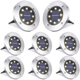 LYHOPE solar ground light with 8 LEDs illuminating garden pathways.