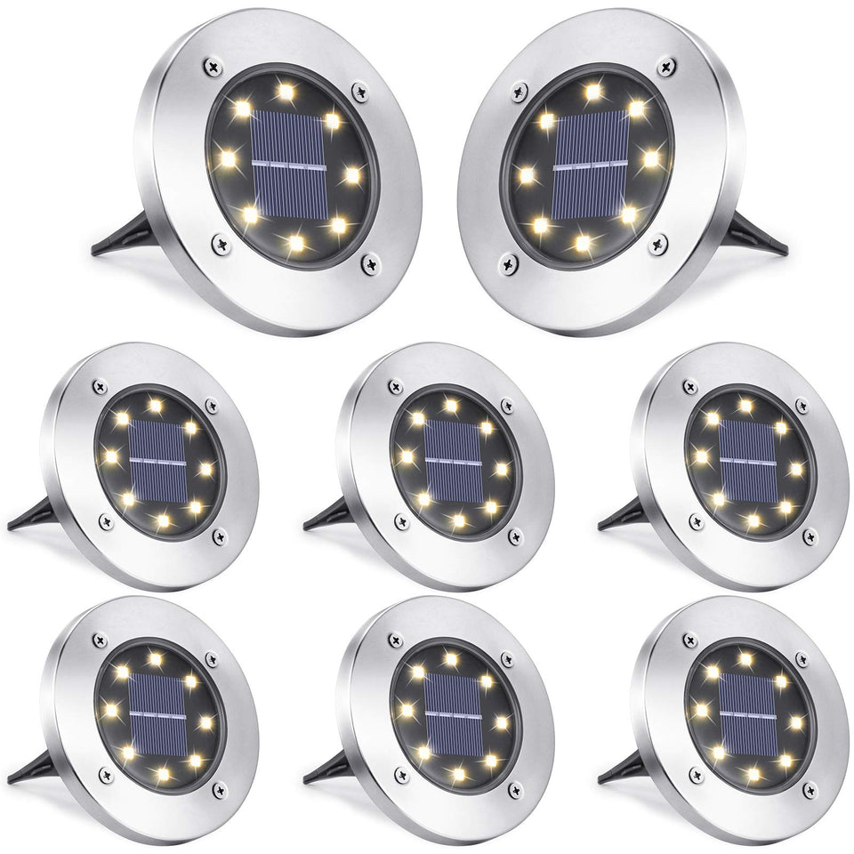 LYHOPE solar ground light with 8 LEDs illuminating garden pathways.
