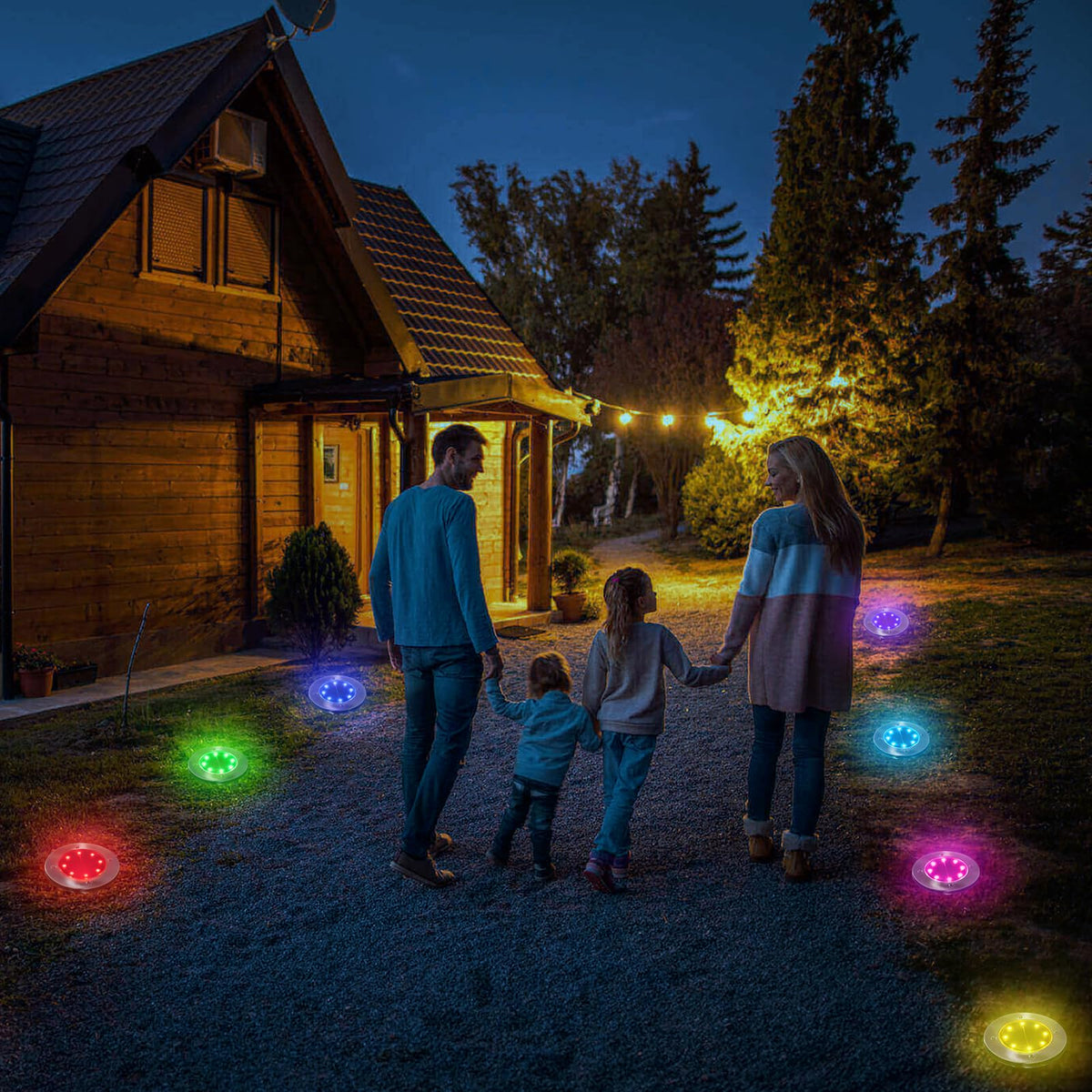 LYHOPE solar ground light color-changing disk lighting for walkways and borders.