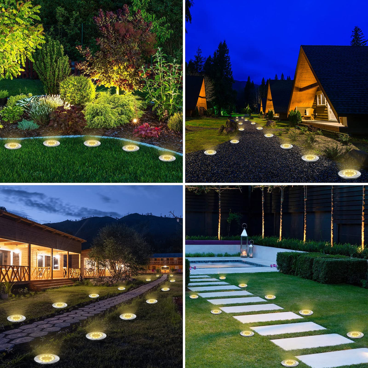 LYHOPE warm white disk light provides soft walkway illumination.