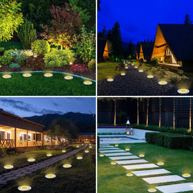 LYHOPE warm white disk light provides soft walkway illumination.