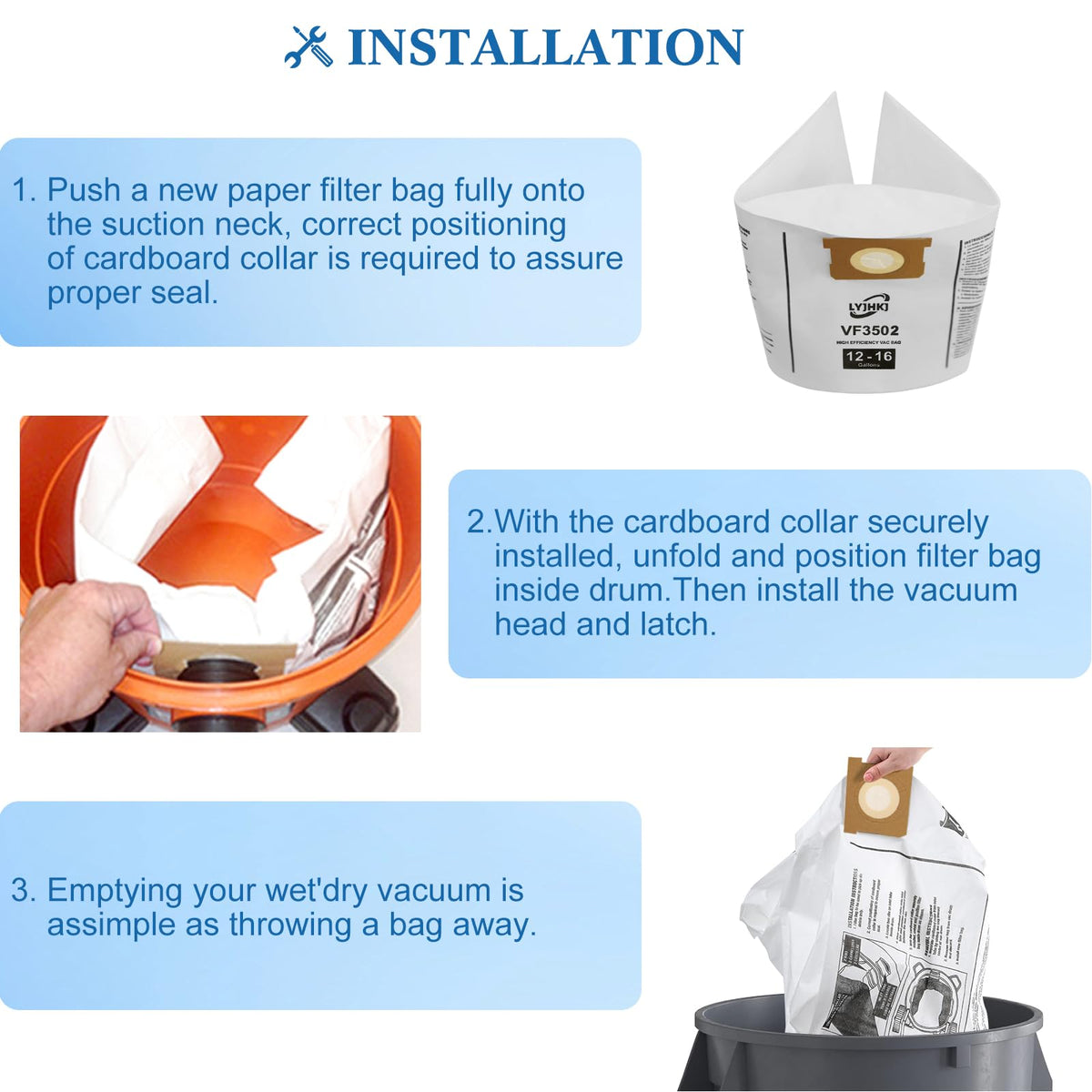 Easy installation of LYJHKJ VF3502 bags in Ridgid vacuum system