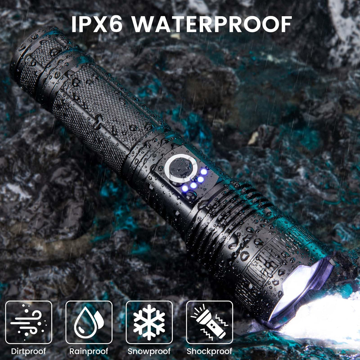Lylting camping and hiking flashlight in use on a trail at night.