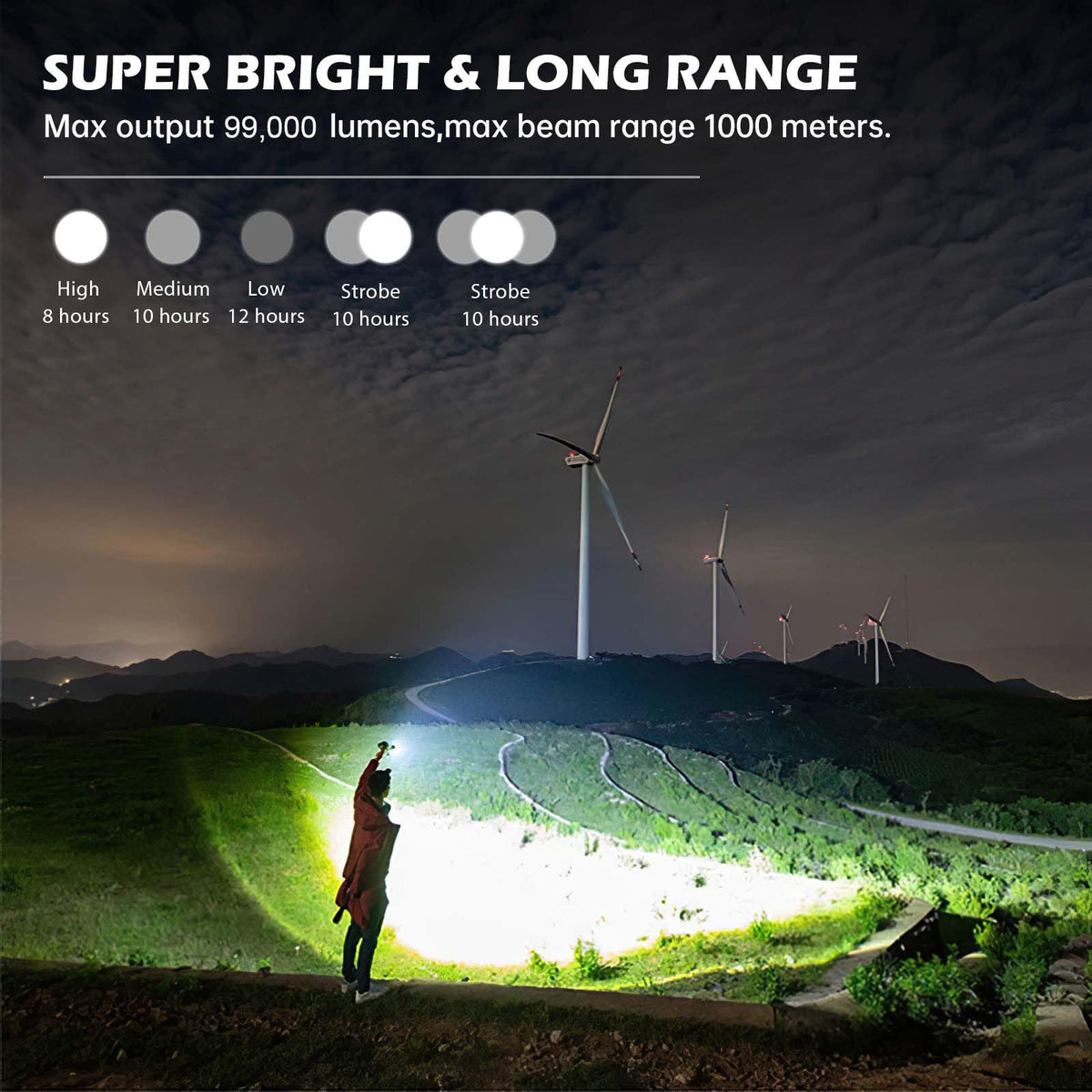 Lylting flashlight with near 100k lumens lighting a large area