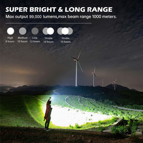 Lylting flashlight with near 100k lumens lighting a large area
