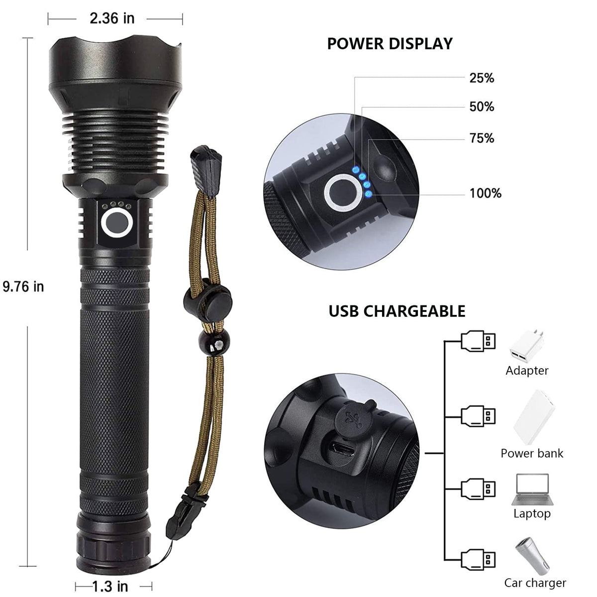 Lylting IPX7 waterproof flashlight with aluminum body for rugged use.