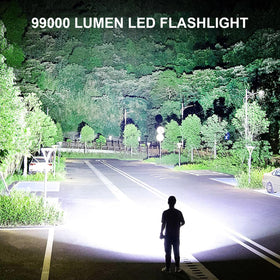 Lylting 99,000 lumens flashlight with wide flood for outdoor night visibility.