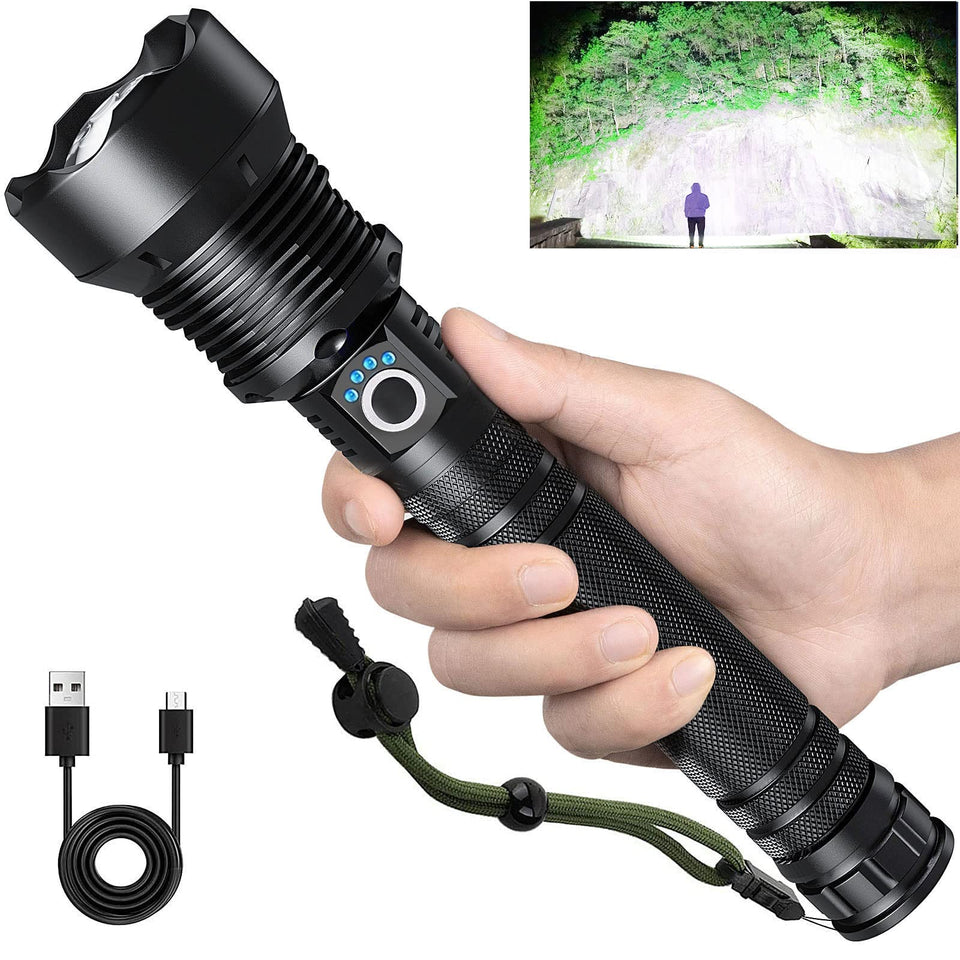 Lylting rechargeable flashlight showing a wide beam for broad night visibility
