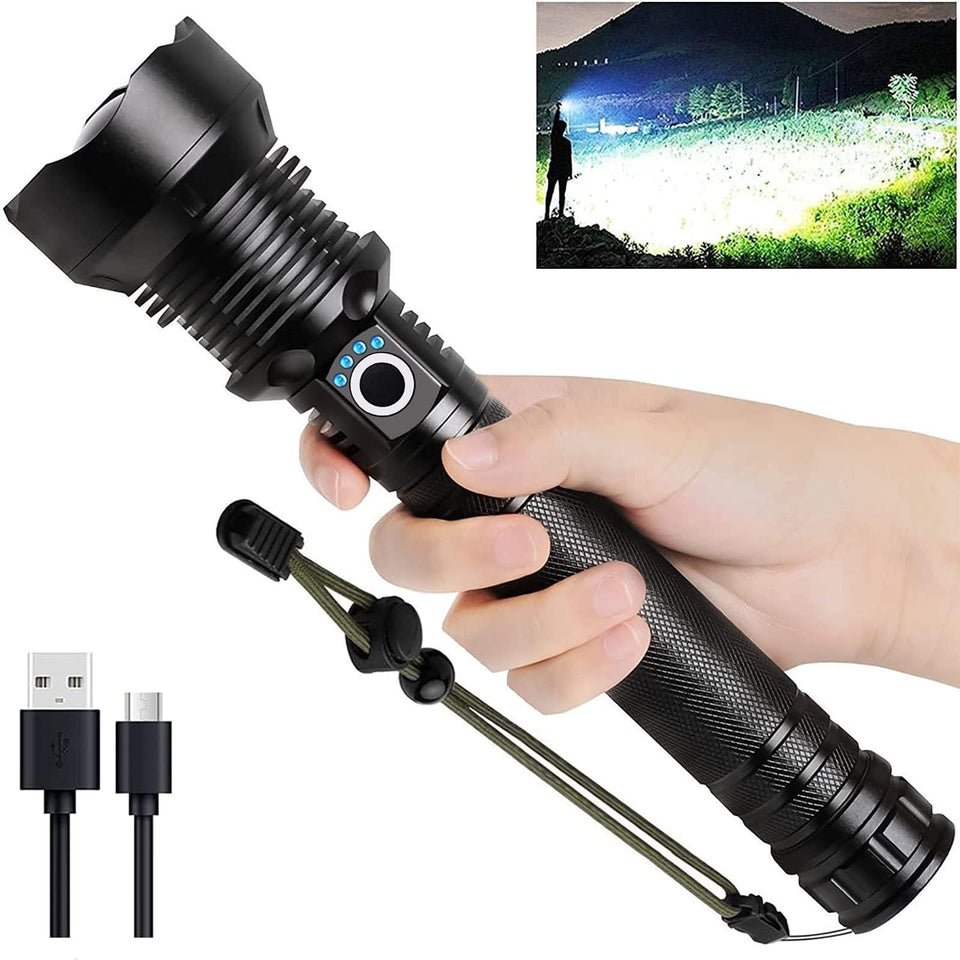 Lylting rechargeable LED flashlight long beam for camping and emergencies.