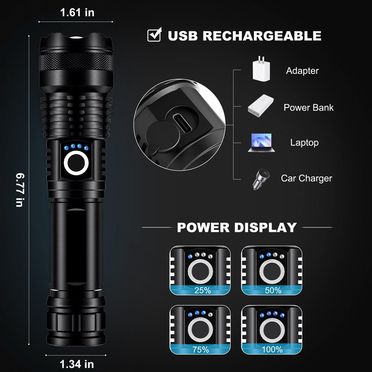 Lylting telescoping head shows spot versus flood beam for versatile lighting.