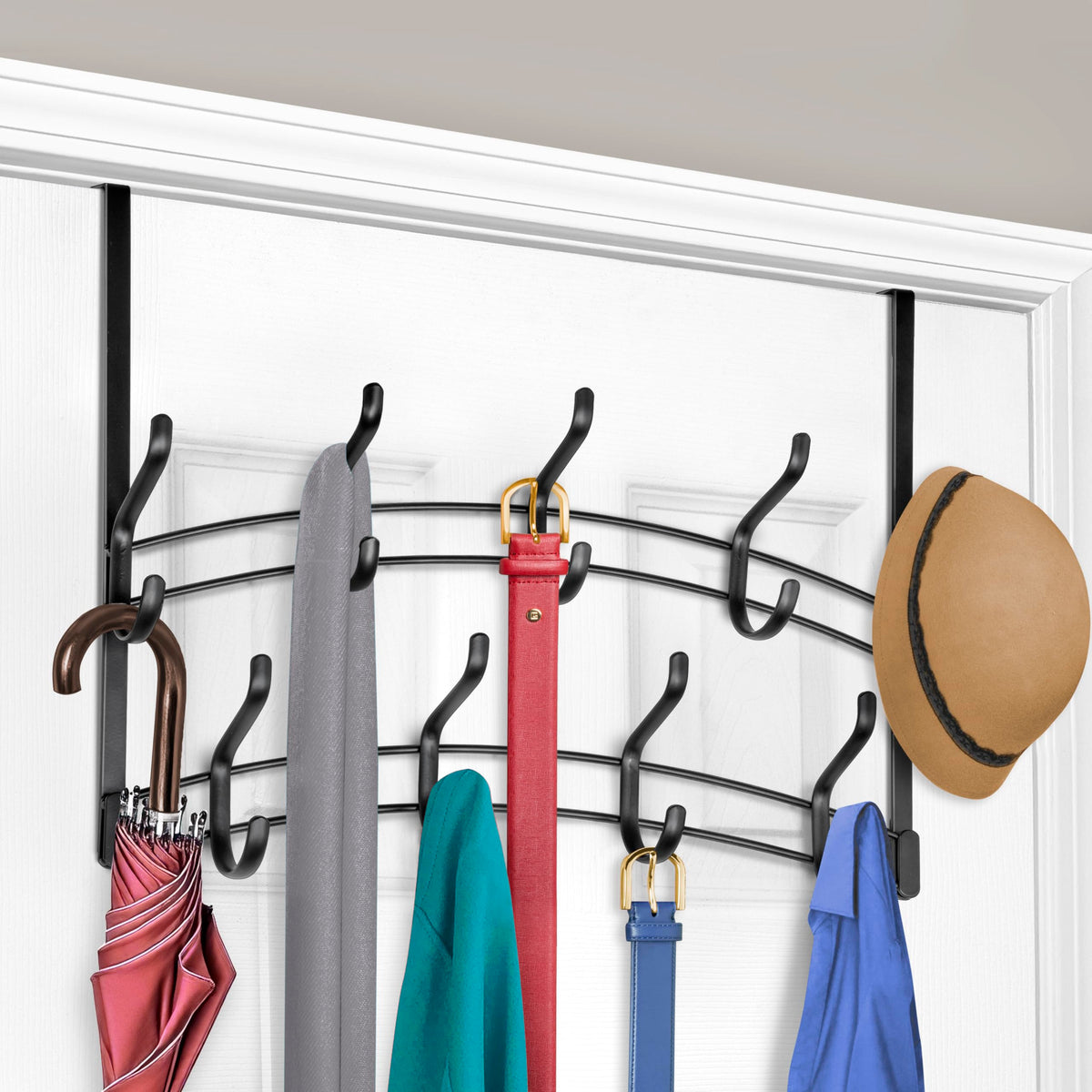LYNK Professional Home 18-hook over-the-door rack overview showing ample storage for shirts and accessories.
