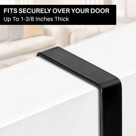Door-fit demonstration showing compatibility with standard doors up to 1-3/8 inch thick.