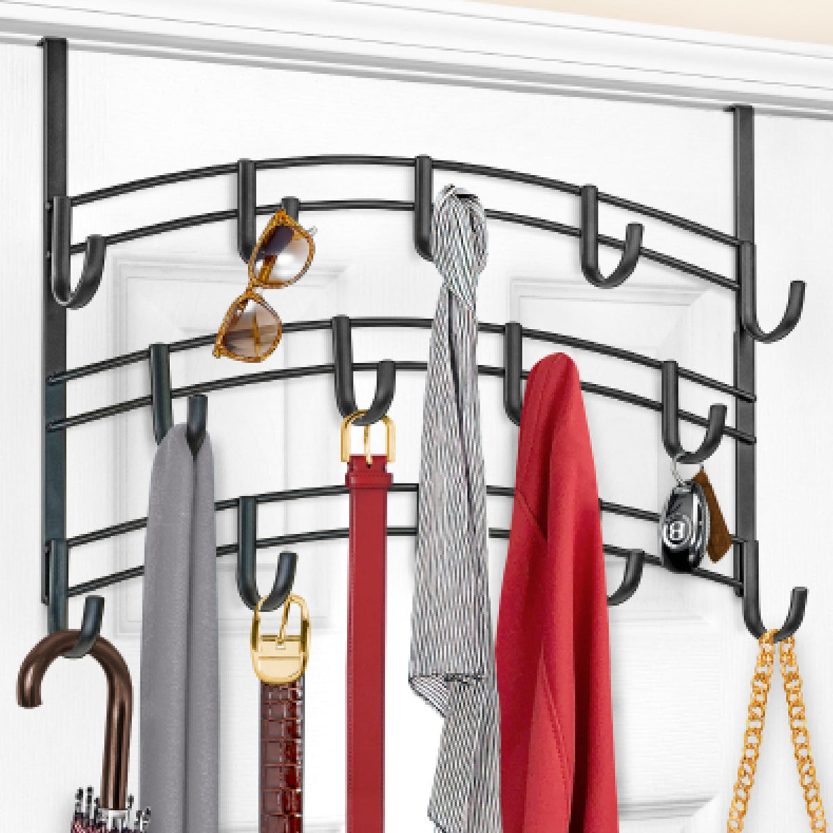 LYNK Professional Home 14-hook over-the-door rack organizing shirts and towels.