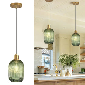 Lynnoland 2-pack pendant lights with green ribbed glass for warm kitchen island lighting