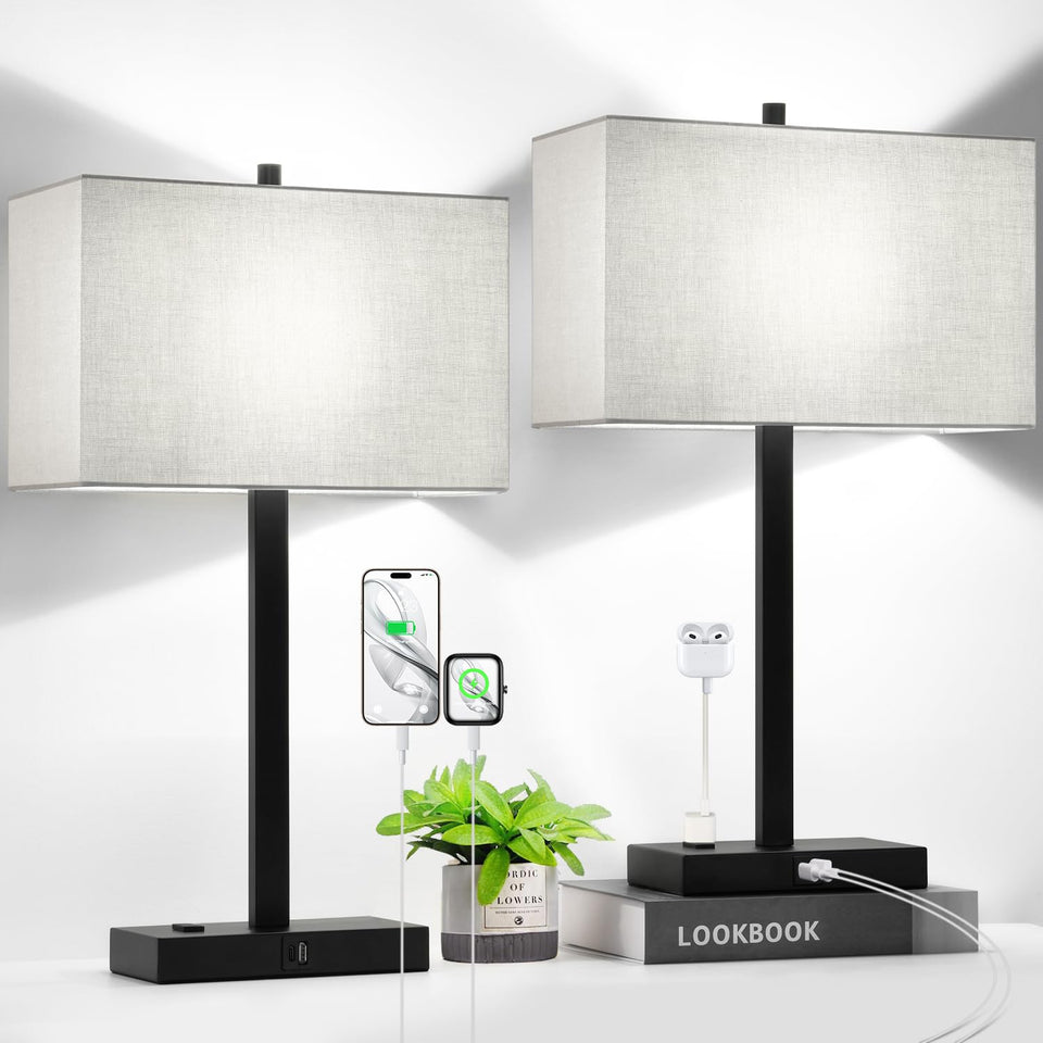 Lynnoland 21-inch touch bedside lamp with two USB ports and AC outlet for convenient charging