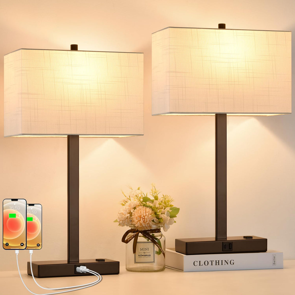 Lynnoland 21-inch touch bedside lamps with USB and outlet for easy nighttime charging