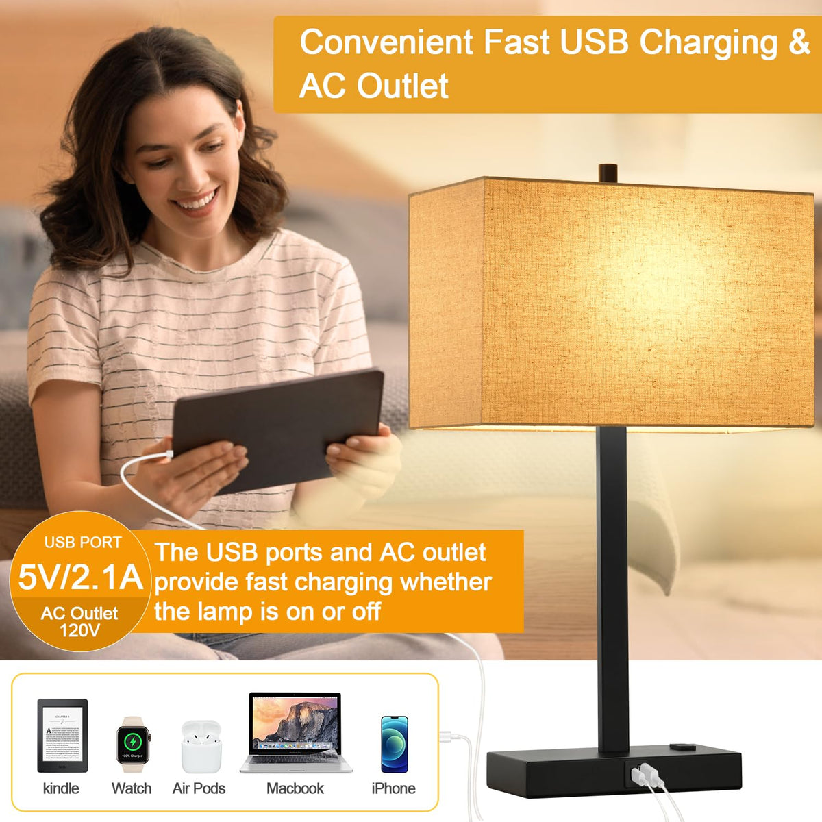 Lynnoland bedroom setup showing bedside lamps with USB outlets for charging
