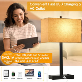 Lynnoland bedroom setup showing bedside lamps with USB outlets for charging