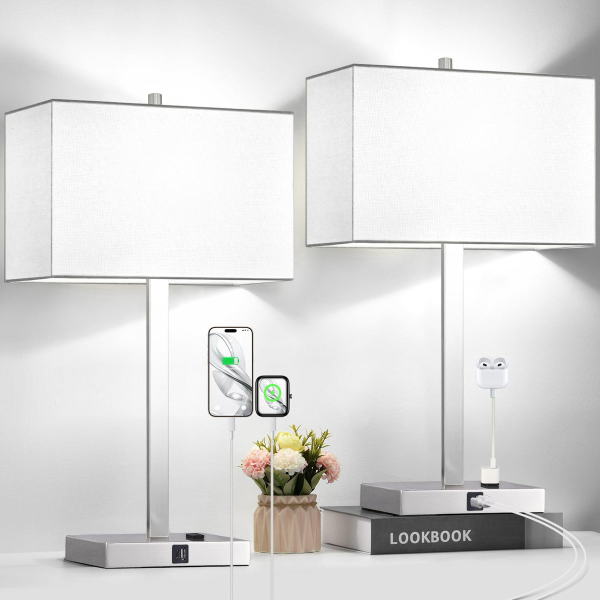 Lynnoland bedside lamps set of 2 with touch control for easy night brightness.