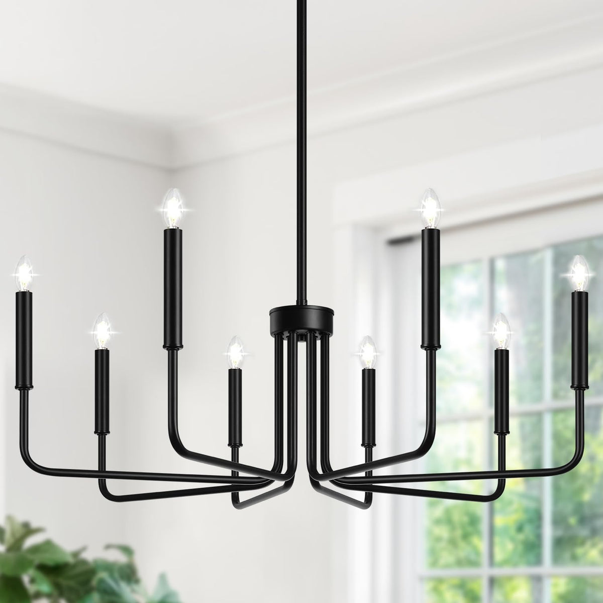 Lynnoland black 8 light chandelier in dining room adds rustic ambiance