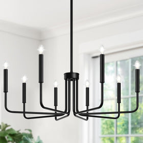 Lynnoland black 8 light chandelier in dining room adds rustic ambiance