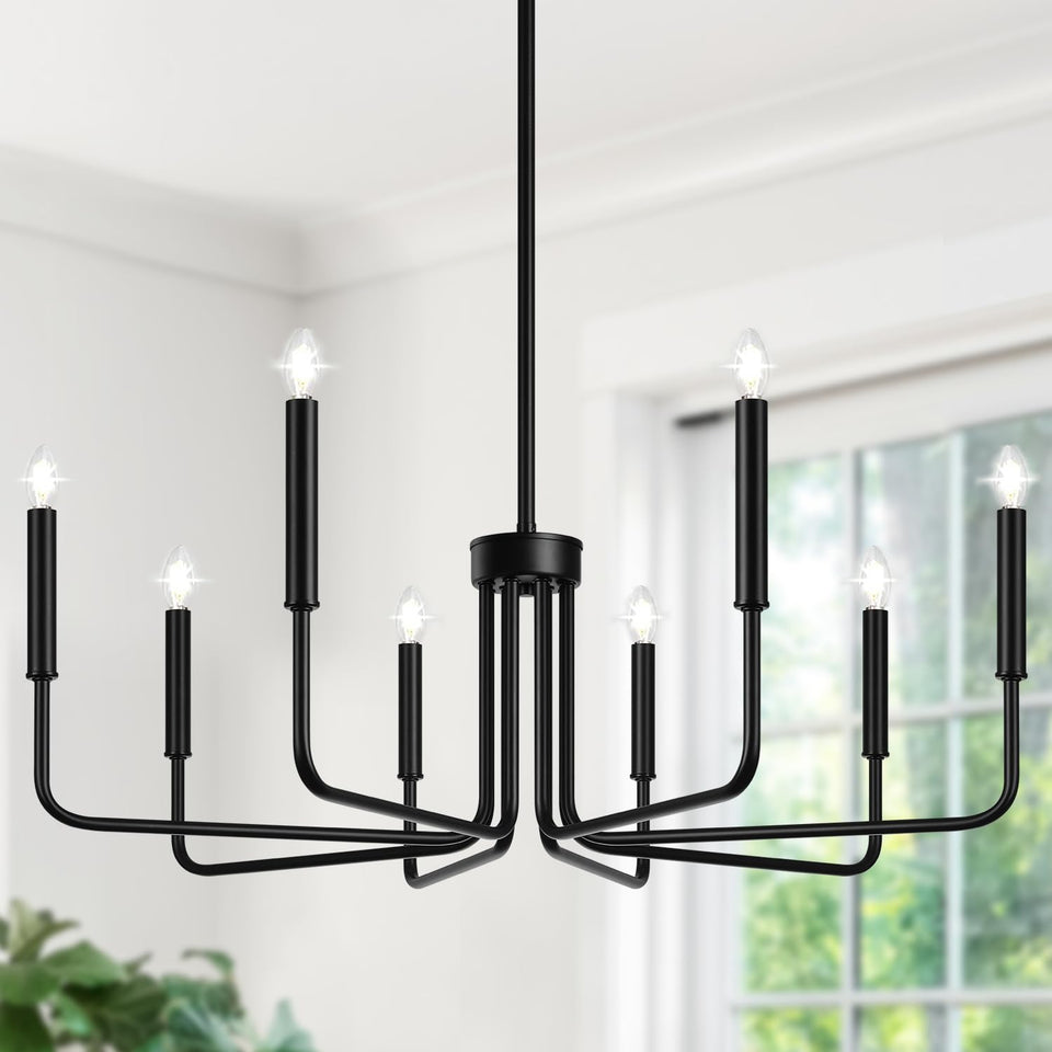 Lynnoland black 8 light chandelier in dining room adds rustic ambiance
