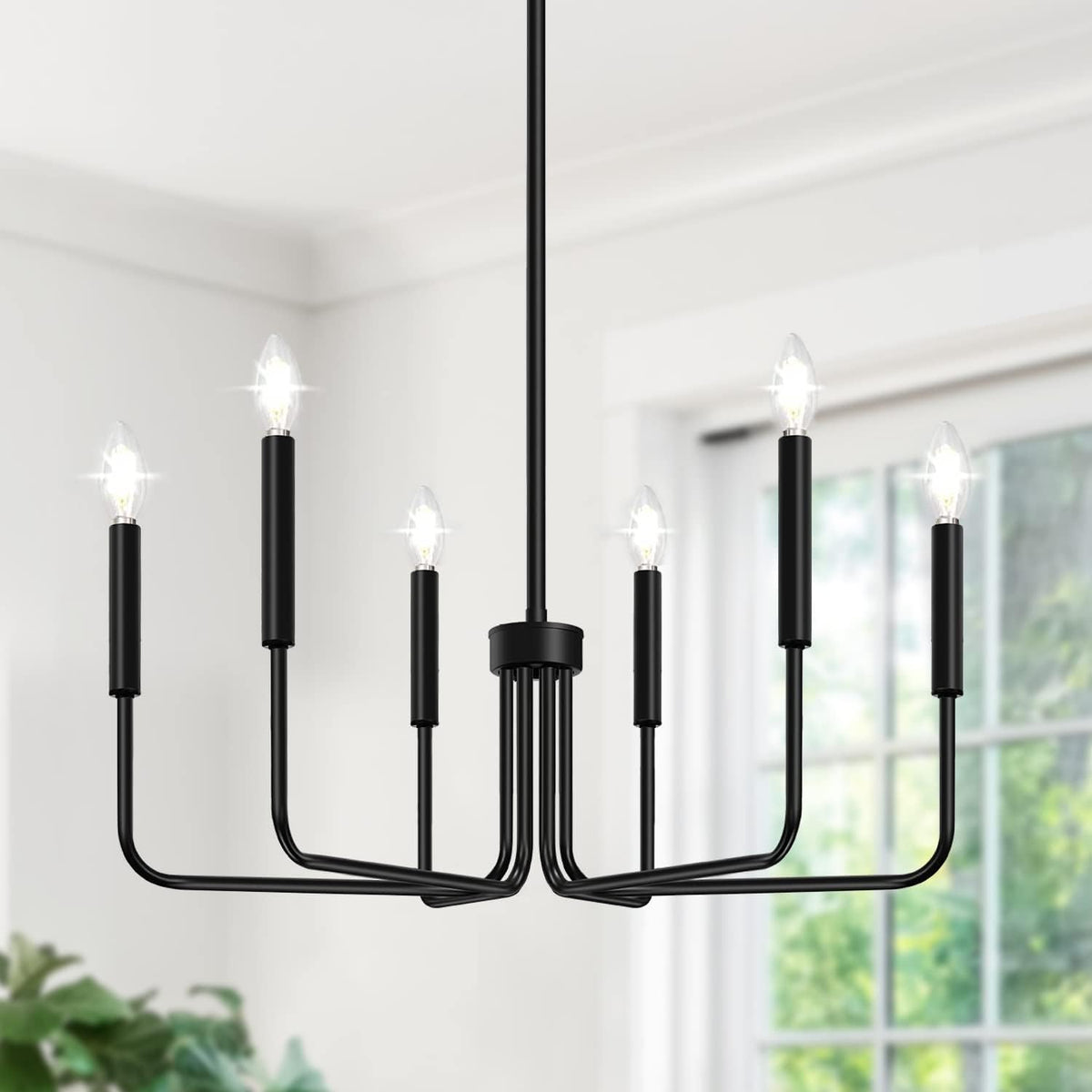 Lynnoland black chandelier with 6-light dining focus creates a warm, inviting centerpiece.