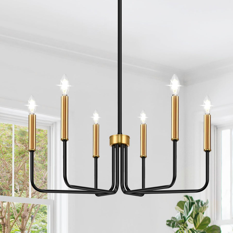 Lynnoland six-arm black and gold chandelier brightens dining spaces.