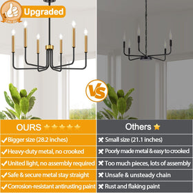 Lynnoland black-gold chandelier enhances dining room with ambient lighting.