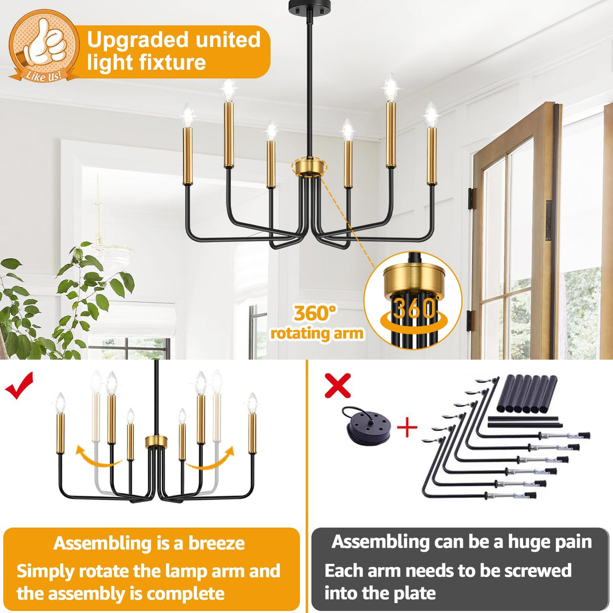 Lynnoland chandelier with preassembled arms speeds setup.