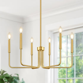 Lynnoland brass gold 6-light chandelier arms showcase rustic industrial style for dining rooms.