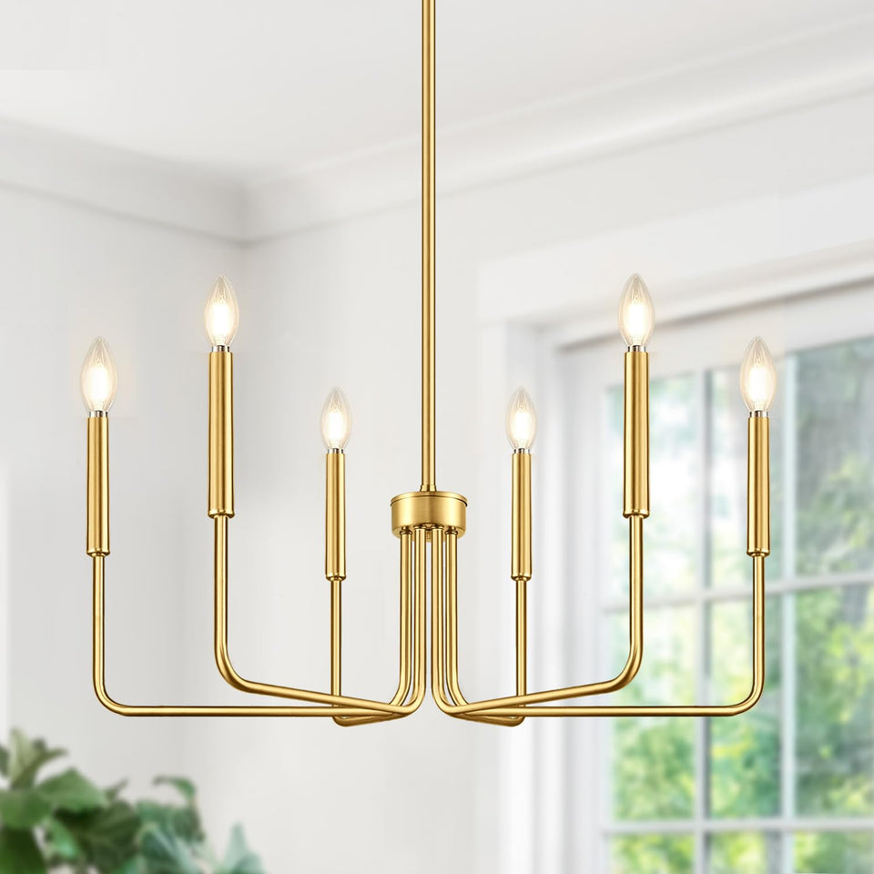 Lynnoland brass gold 6-light chandelier arms showcase rustic industrial style for dining rooms.