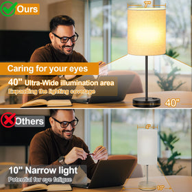 Lynnoland dual USB and AC outlet table lamp for charging devices.